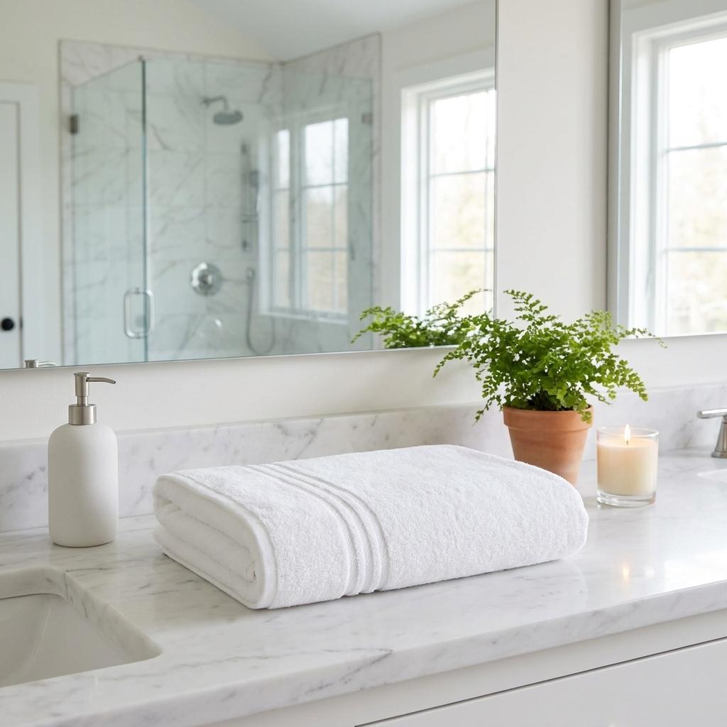 Set of two white Turkish cotton bath towels, folded on bathroom counter.