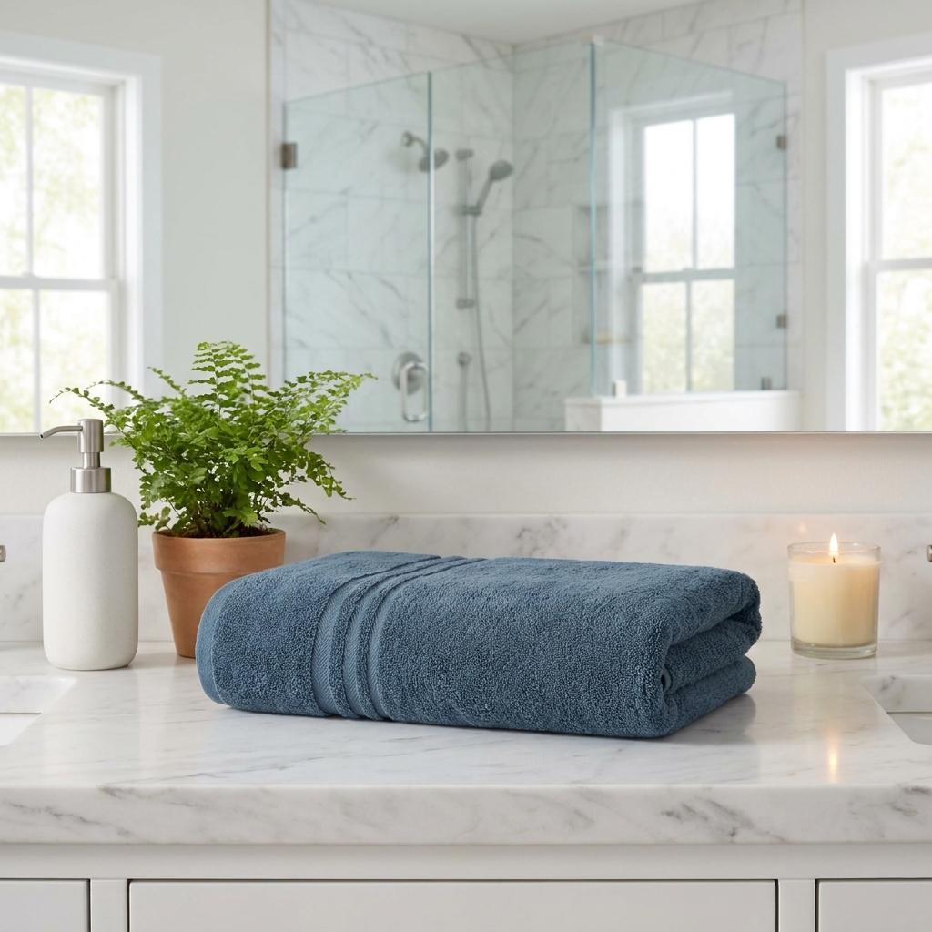 Set of two aqua Turkish cotton bath sheets, folded blue towels with striped bands