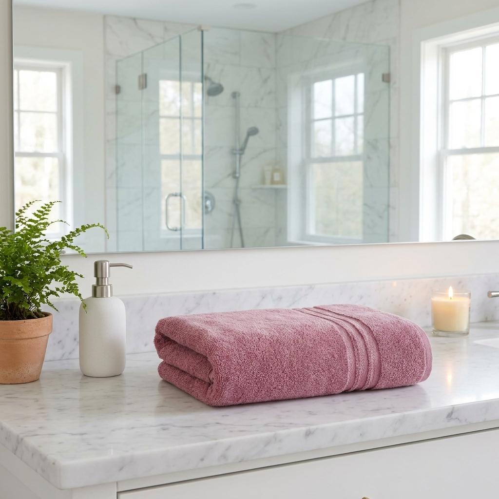Set of two pink Turkish cotton bath sheets, 35×66 in, terry weave with striped border