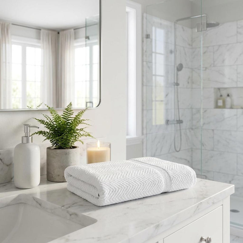 White chevron bath towels, folded and stacked on bathroom vanity countertop