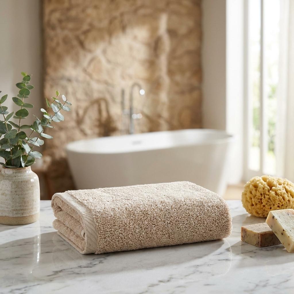 Beige hand towels, folded stack with plush looped terry surface