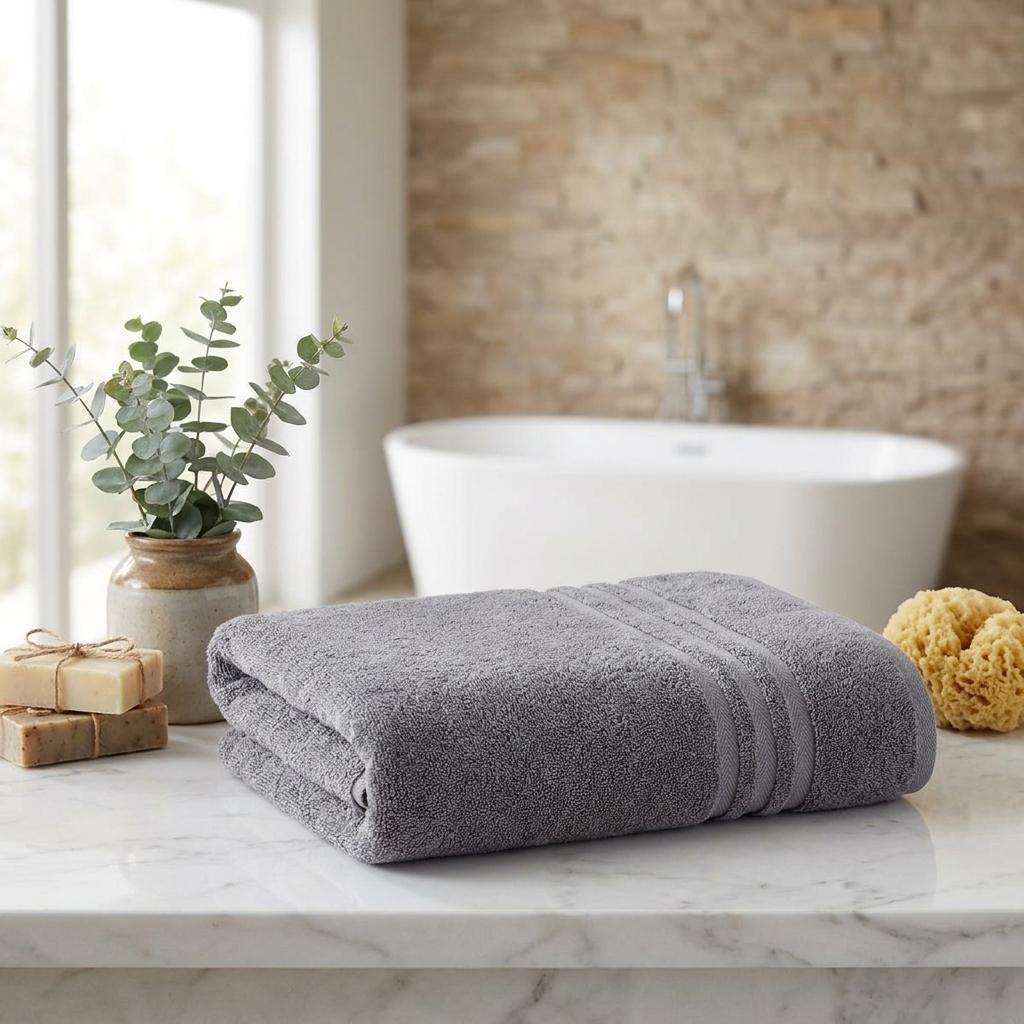 Folded dark gray bath towels with striped bands, set of two