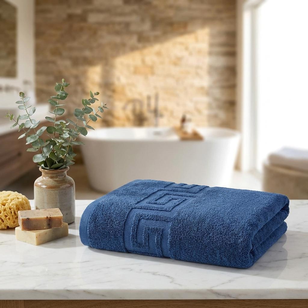 Navy Turkish cotton hand towels set of four, folded with Greek key border