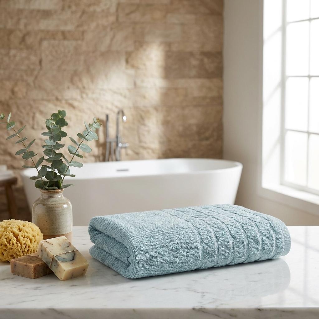 Folded aqua Turkish hand towel set on countertop, textured geometric pattern.