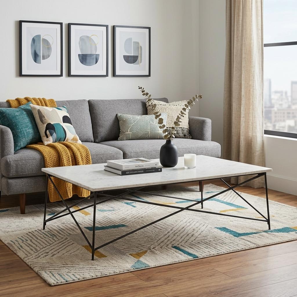 Marble-and-metal coffee table with white stone top and black X-frame legs