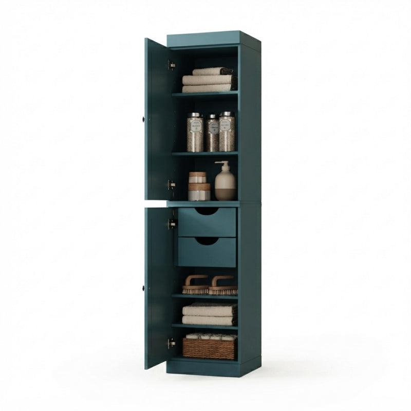 Open teal linen cabinet with shelves, drawers, jars, and folded towels inside.