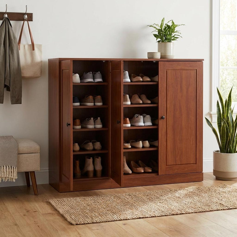 Brown solid wood shoe storage cabinet with open compartments and shoes on shelves