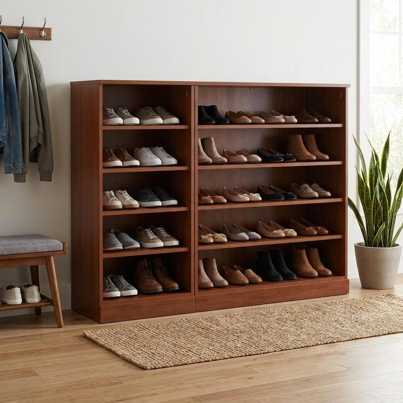 Brown solid wood shoe storage cabinet with multi-row open shelves for shoes