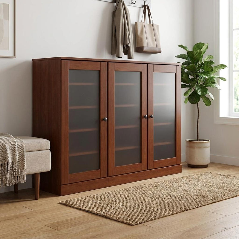 Solid wood shoe storage cabinet with three glass doors and dark brown cabinet frame