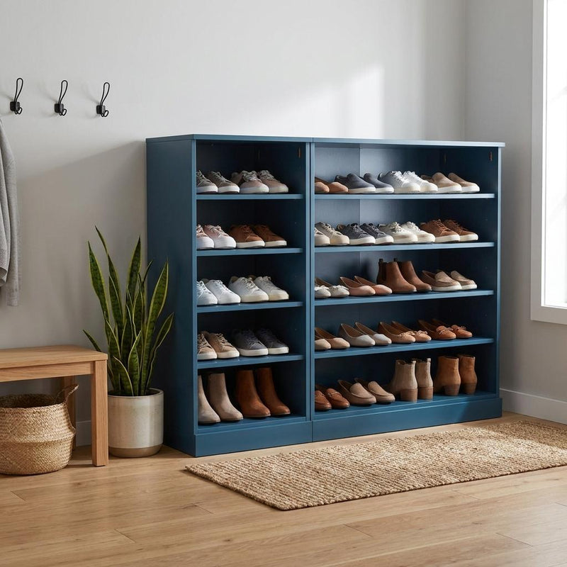 Teal blue shoe storage cabinet with rows of open cubbies for shoes