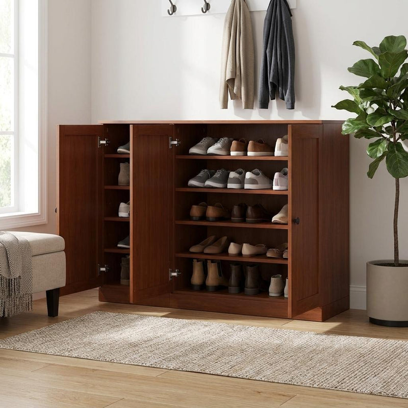 Solid wood shoe storage cabinet with doors open, showing stacked shoe shelves
