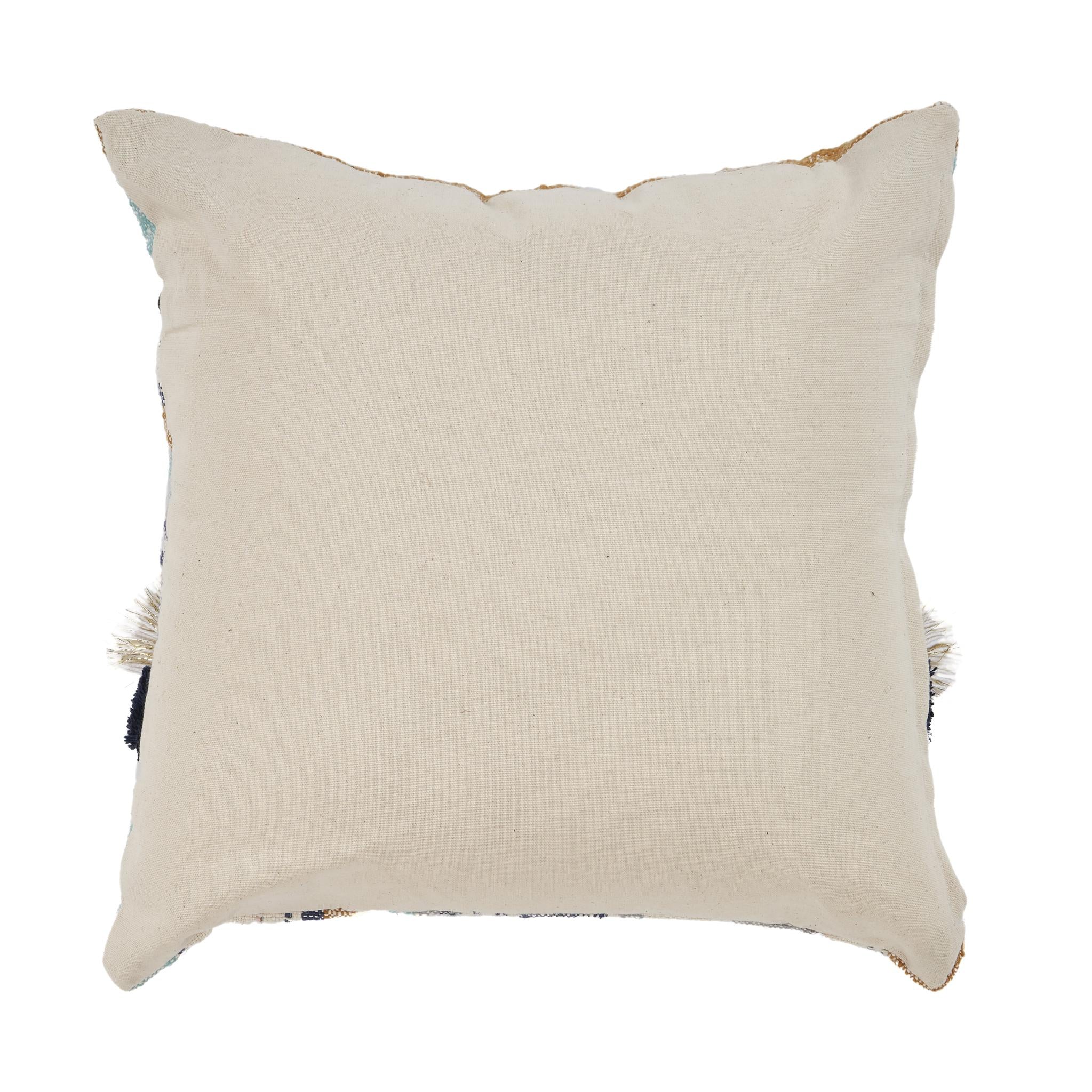 18" Blue And Tan Beach Striped Cotton Throw Pillow Cover with Tassels Tufts And Texture - Home & Garden