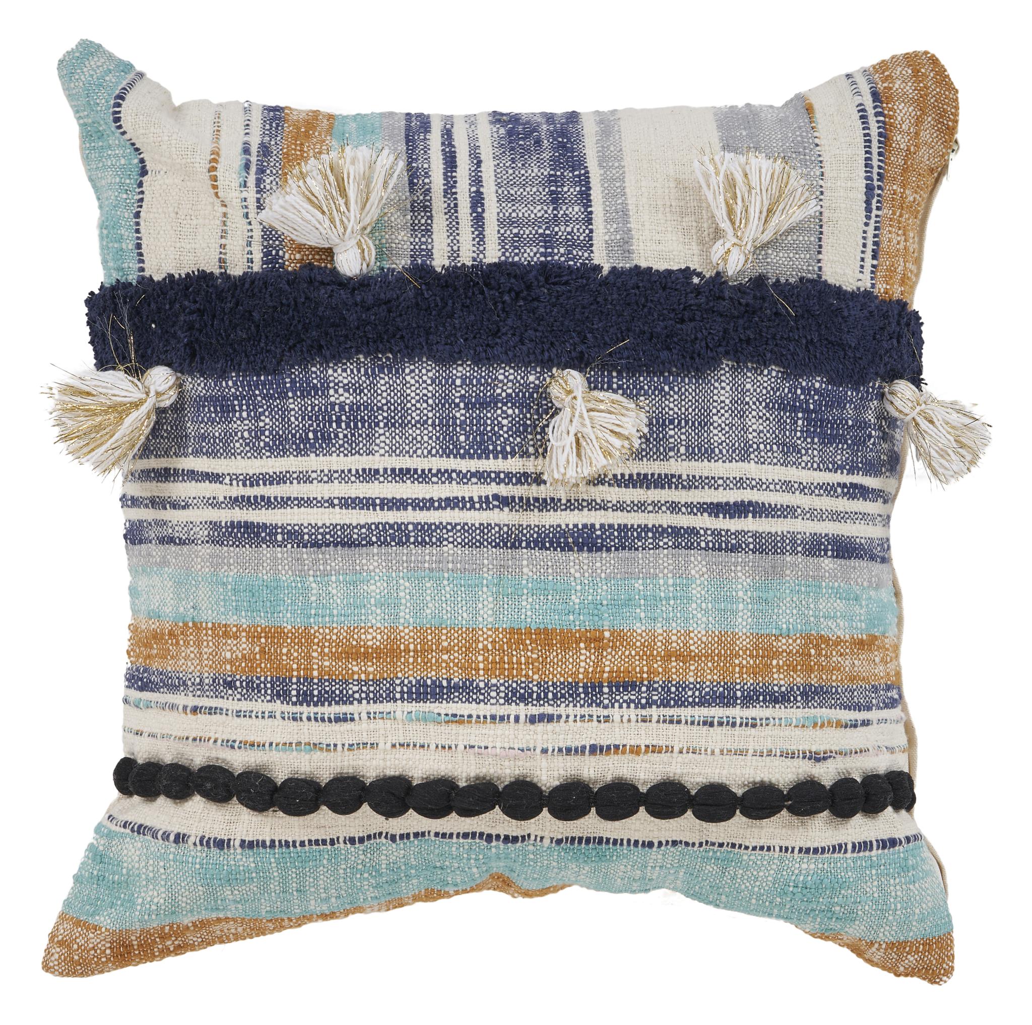 18" Blue And Tan Beach Striped Cotton Throw Pillow Cover with Tassels Tufts And Texture - Home & Garden