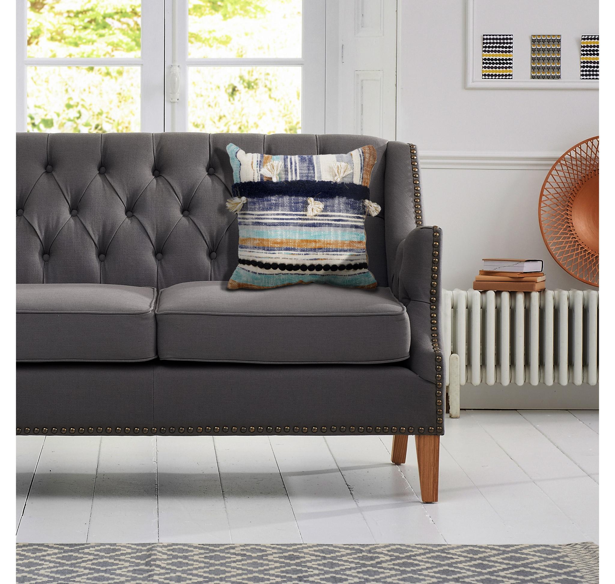 18" Blue And Tan Beach Striped Cotton Throw Pillow Cover with Tassels Tufts And Texture - Home & Garden