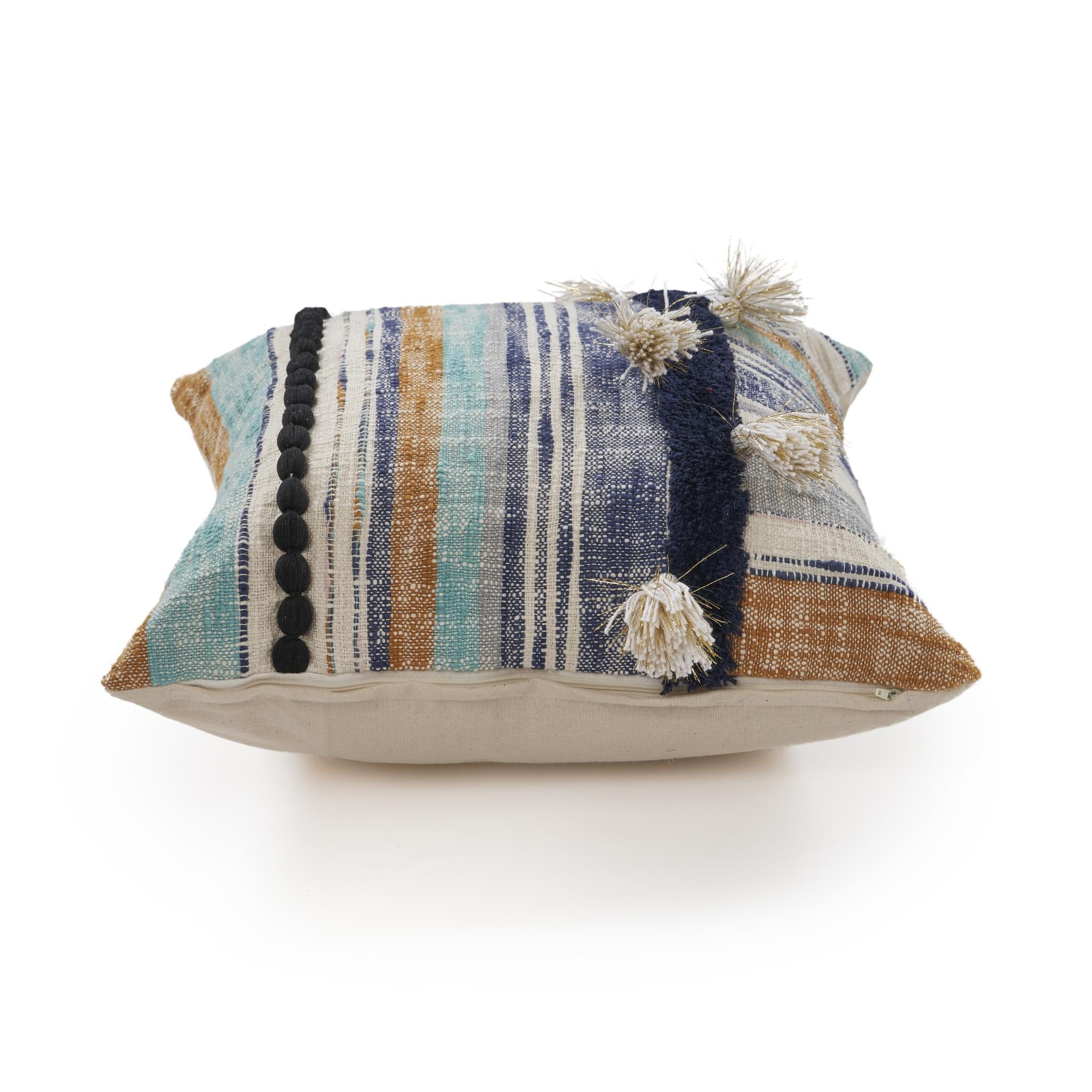 18" Blue And Tan Beach Striped Cotton Throw Pillow Cover with Tassels Tufts And Texture - Home & Garden