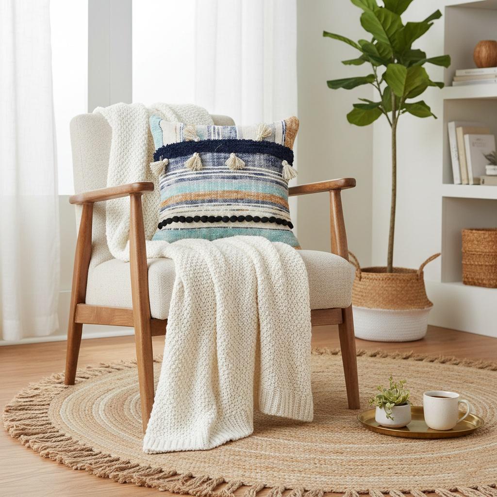 18" Blue And Tan Beach Striped Cotton Throw Pillow Cover with Tassels Tufts And Texture - Home & Garden