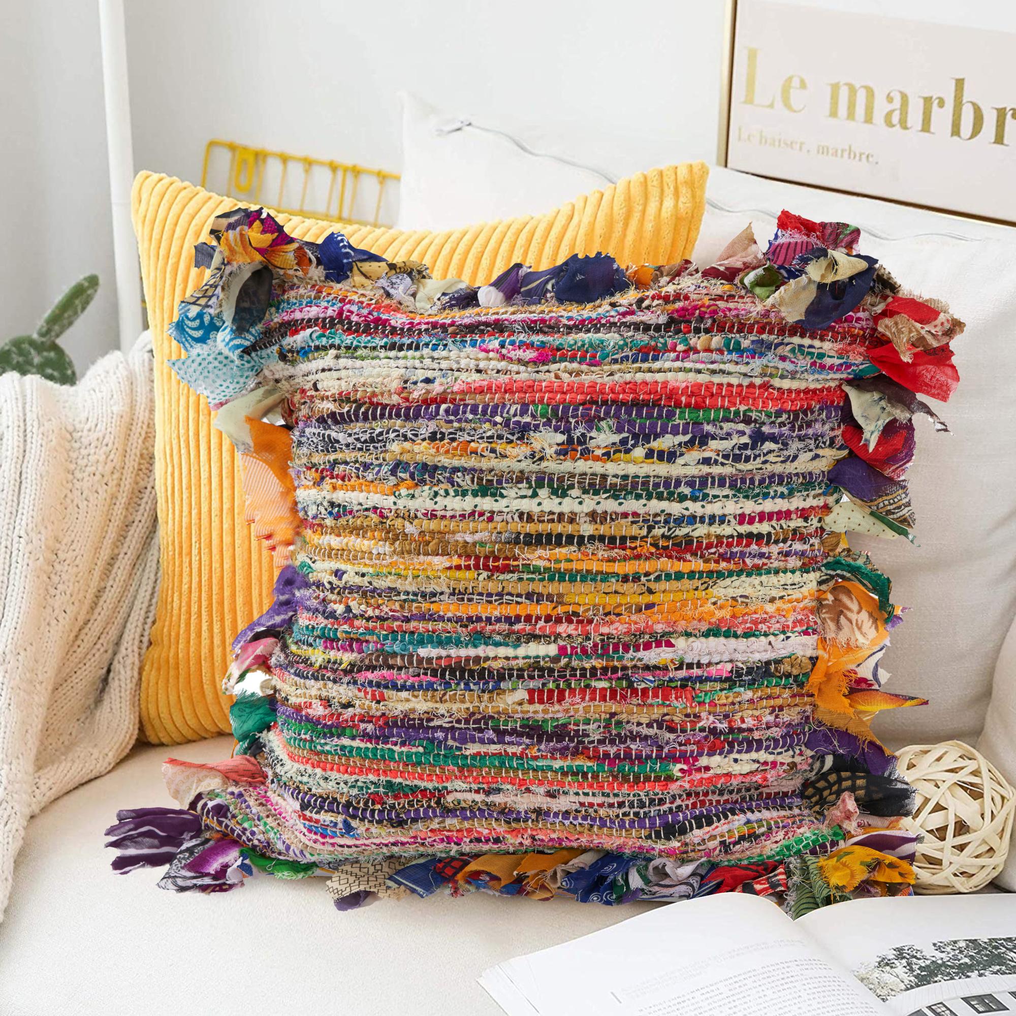 18" Pink Blue Red And Orange Striped Rayon Throw Pillow Cover with Tufts - Home & Garden