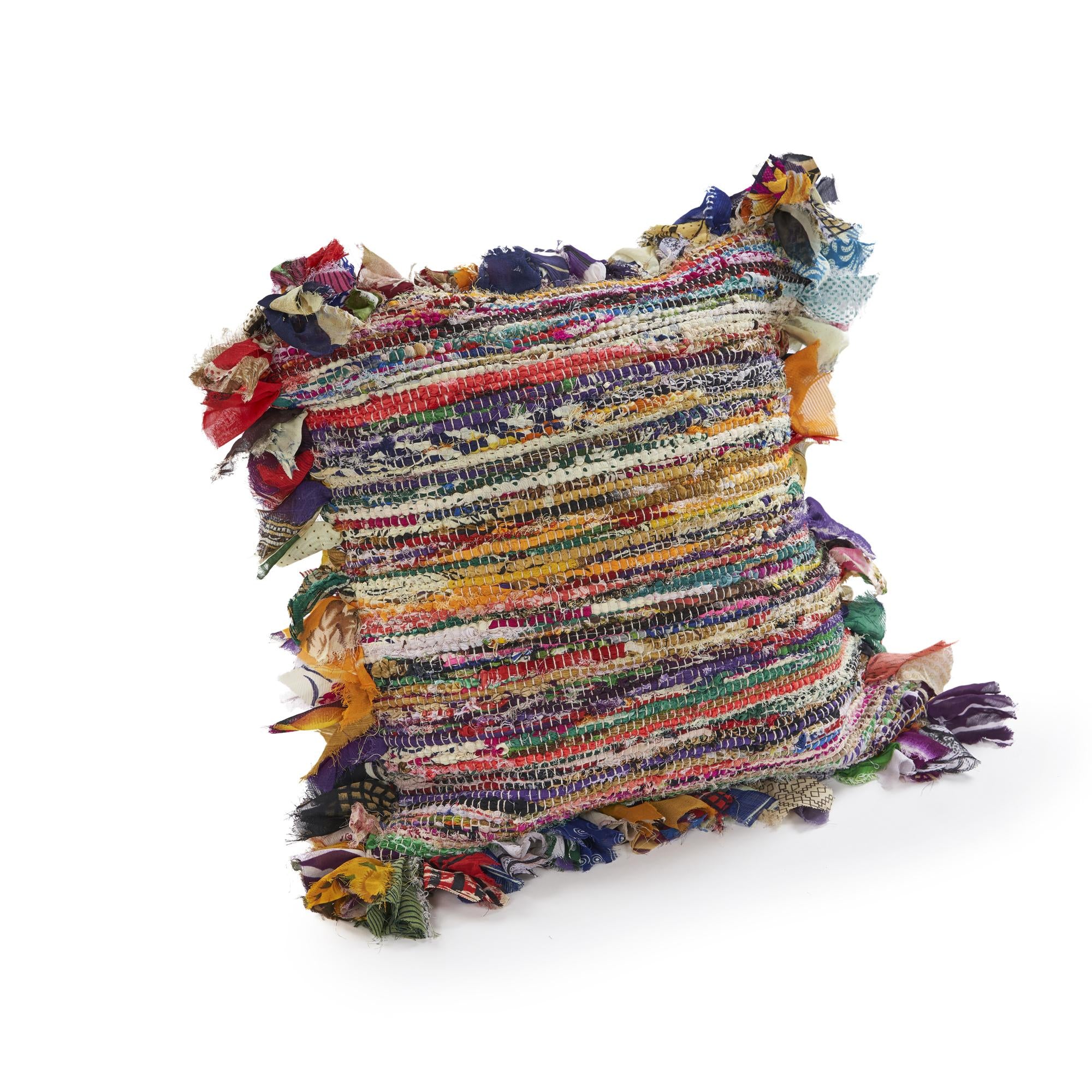 18" Pink Blue Red And Orange Striped Rayon Throw Pillow Cover with Tufts - Home & Garden