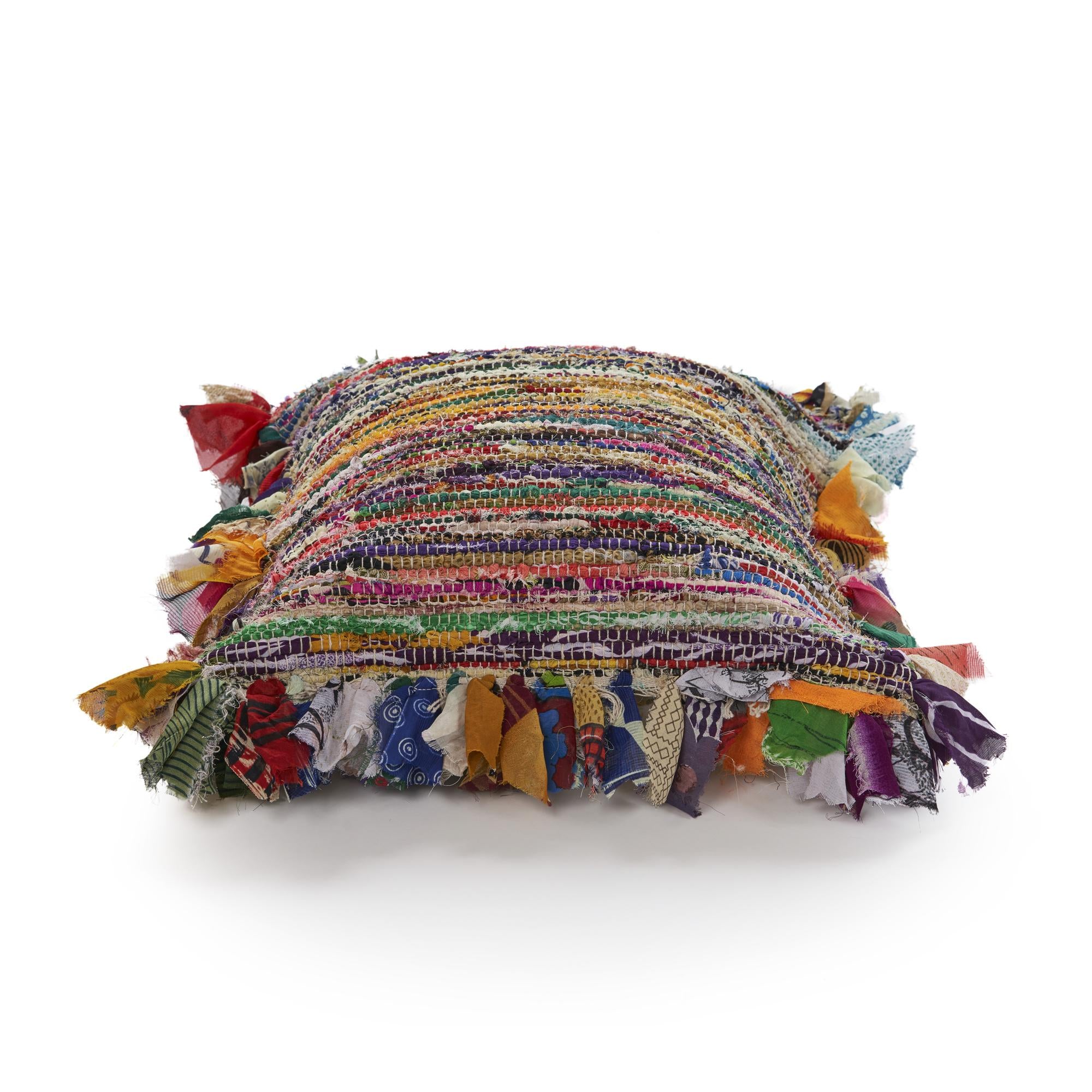 18" Pink Blue Red And Orange Striped Rayon Throw Pillow Cover with Tufts - Home & Garden
