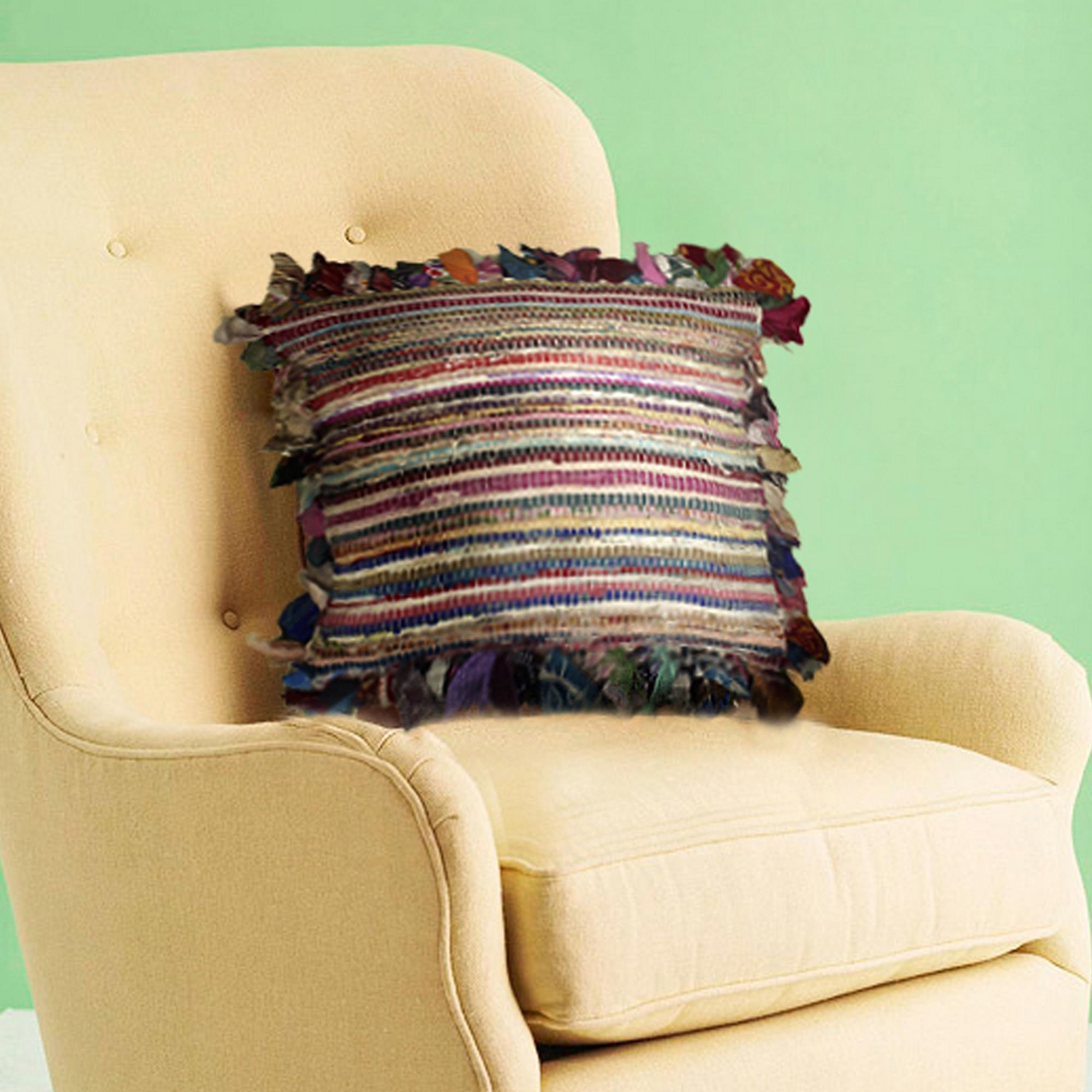 18" Pink Blue Red And Orange Striped Rayon Throw Pillow Cover with Tufts - Home & Garden