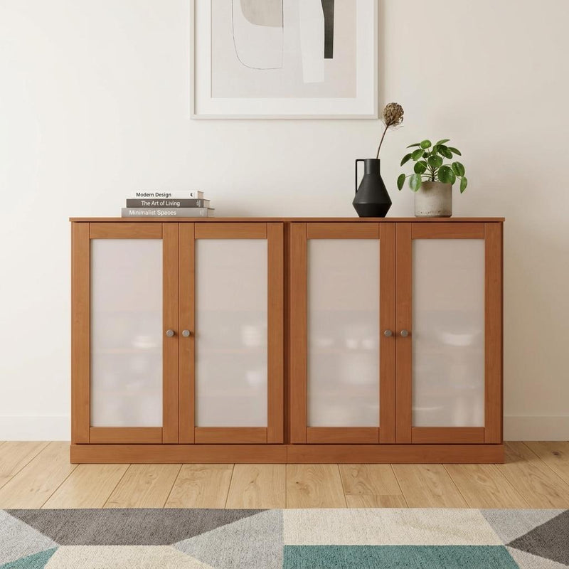 Brown solid wood sideboard with four glass doors and metal knobs on front