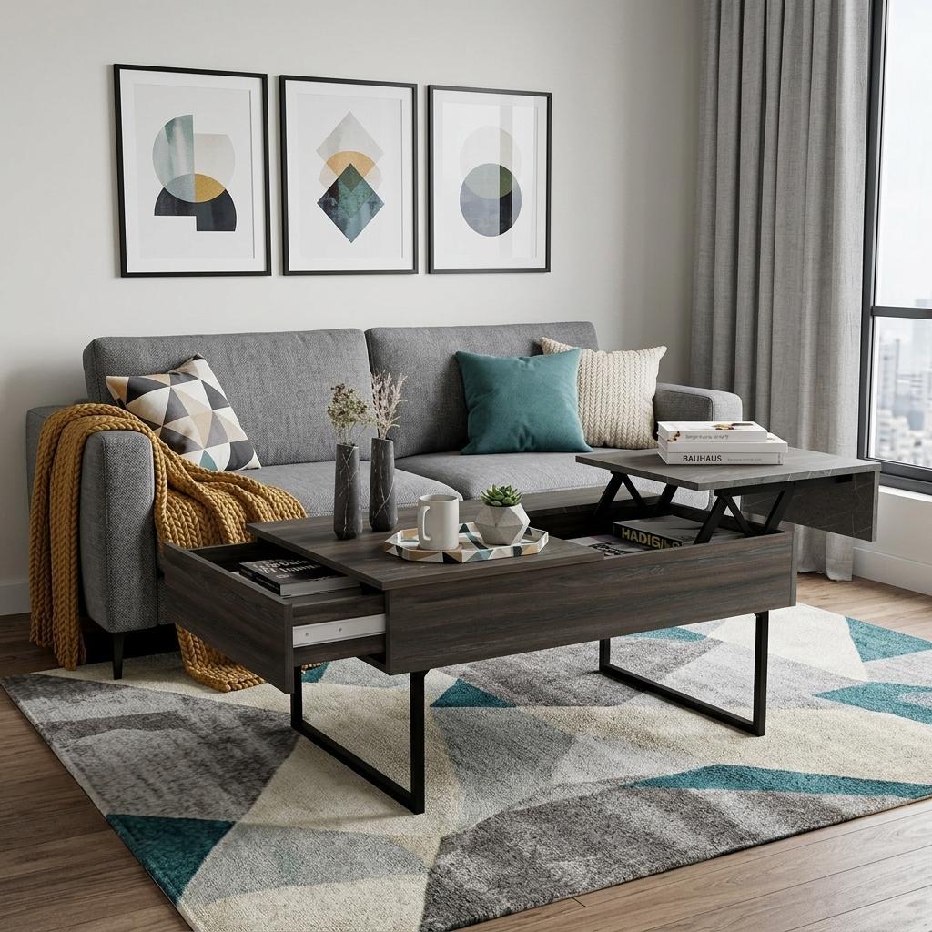 39" Espresso And Black Metal Lift Top Coffee Table With Drawer - Living Room