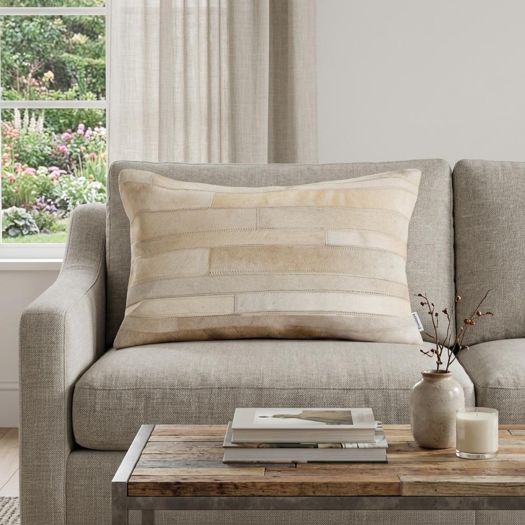 12" X 20" Natural Patchwork Cowhide Lumbar Throw Pillow - Home & Garden