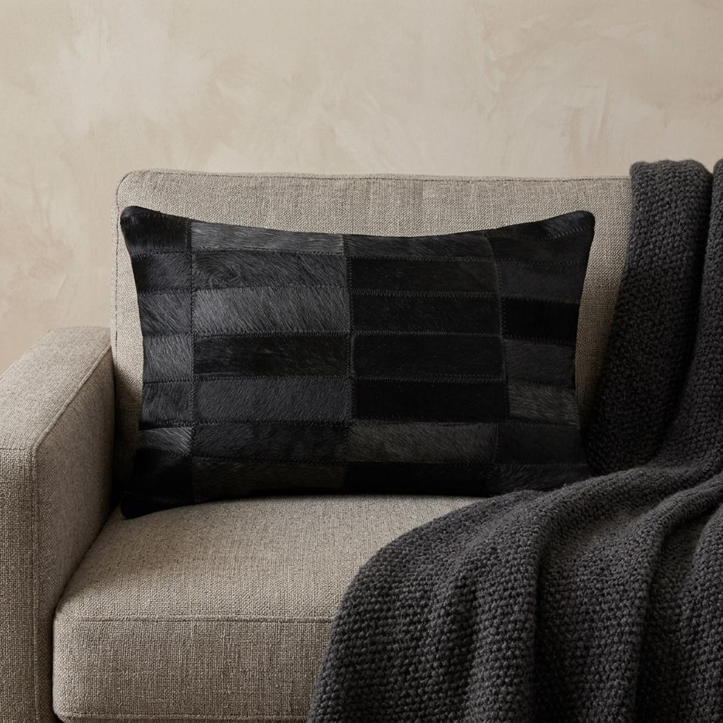 12" X 20" Black Patchwork Cowhide Lumbar Throw Pillow - Home & Garden