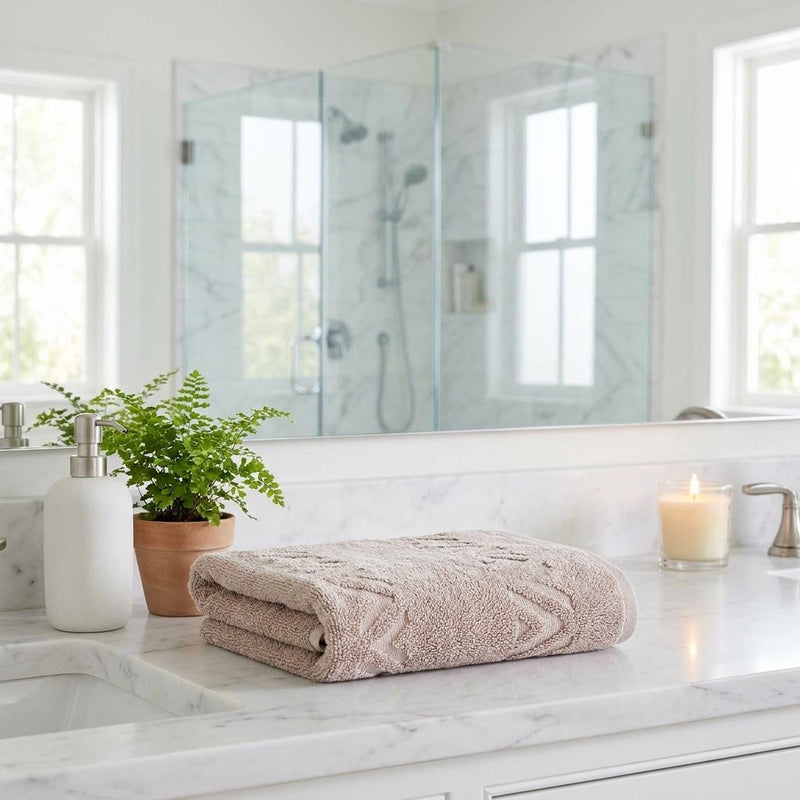 Set of four hand towels, folded light taupe with raised geometric diamond and chevron design