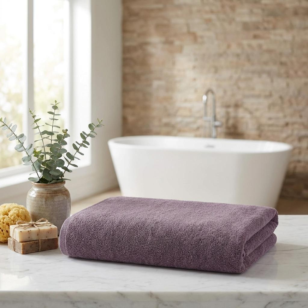 Purple bath sheet pair, neatly folded with plush terry texture for drying.
