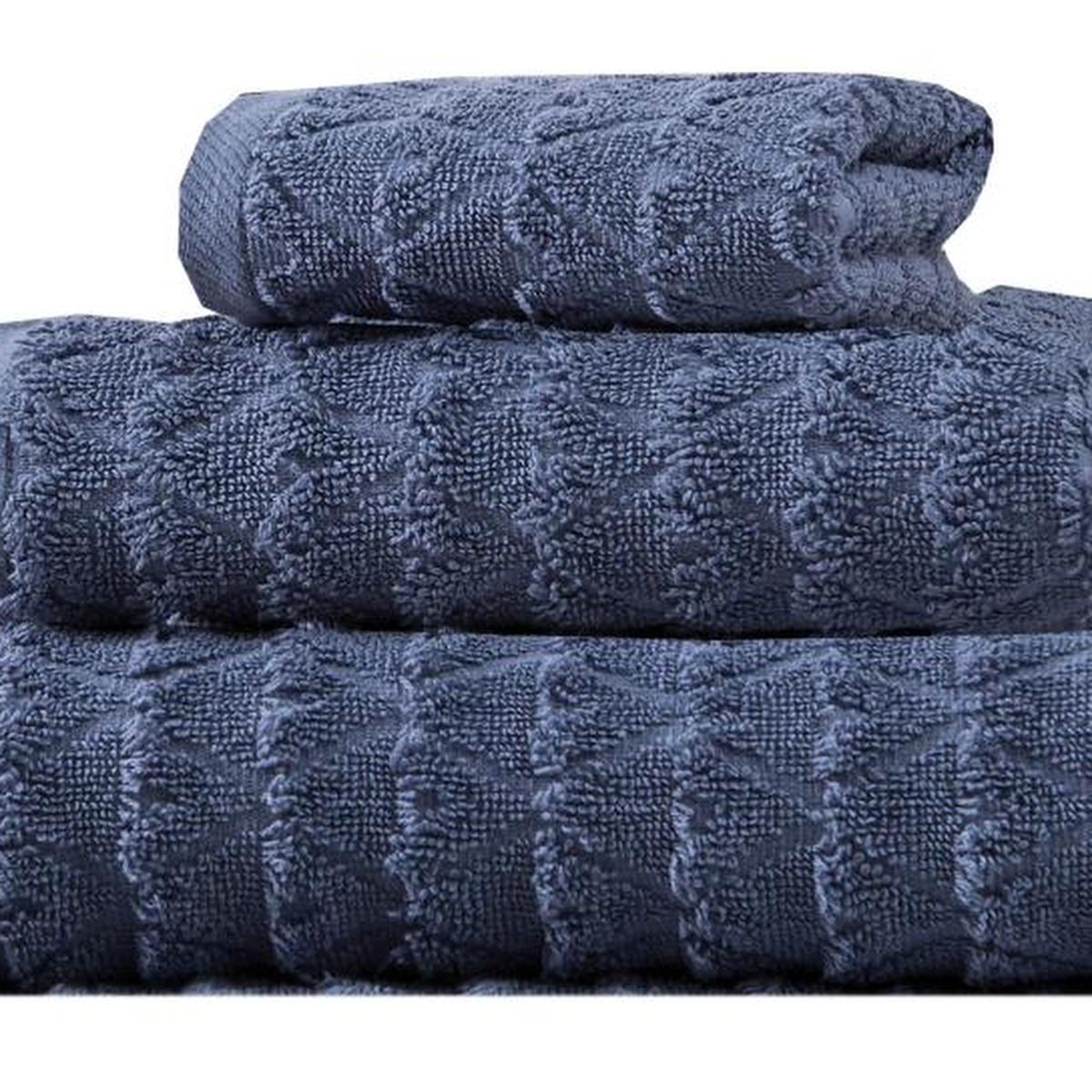 Navy geometric Turkish cotton towels, folded stack with textured pattern