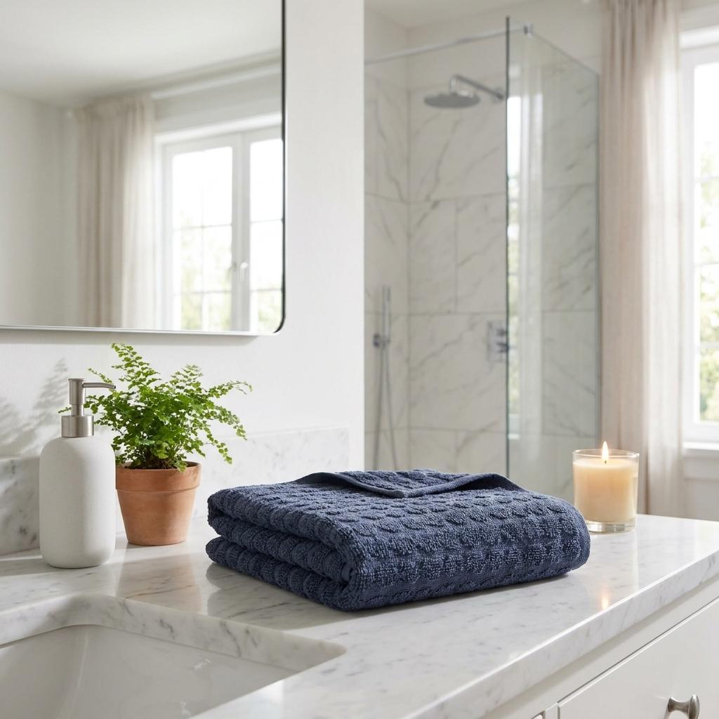 Navy geometric Turkish cotton towels folded on bathroom counter