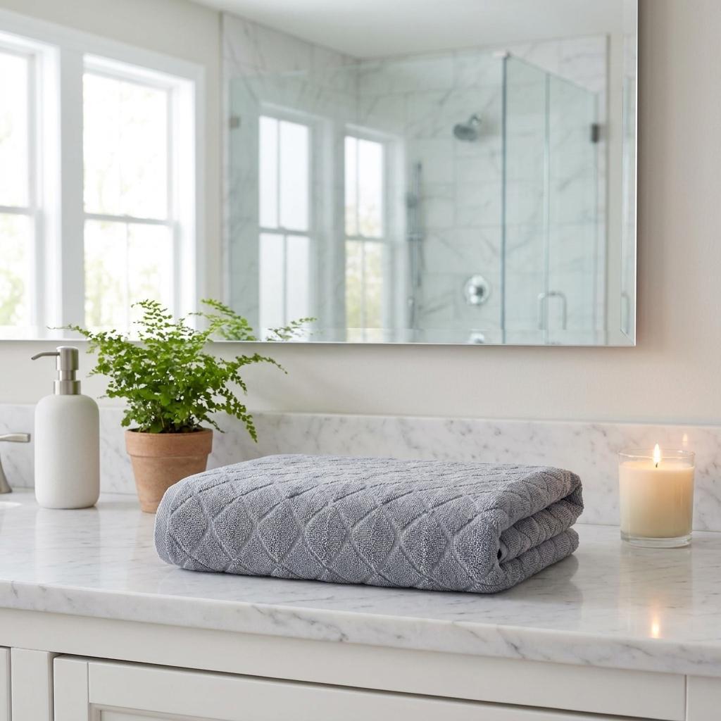 Light gray Turkish cotton bath towel set of two, rolled, diamond geometric pattern