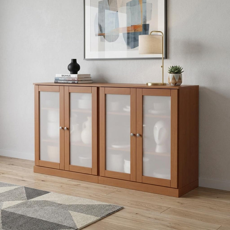 Wood sideboard with four frosted glass doors, paneled frame, and metal pulls