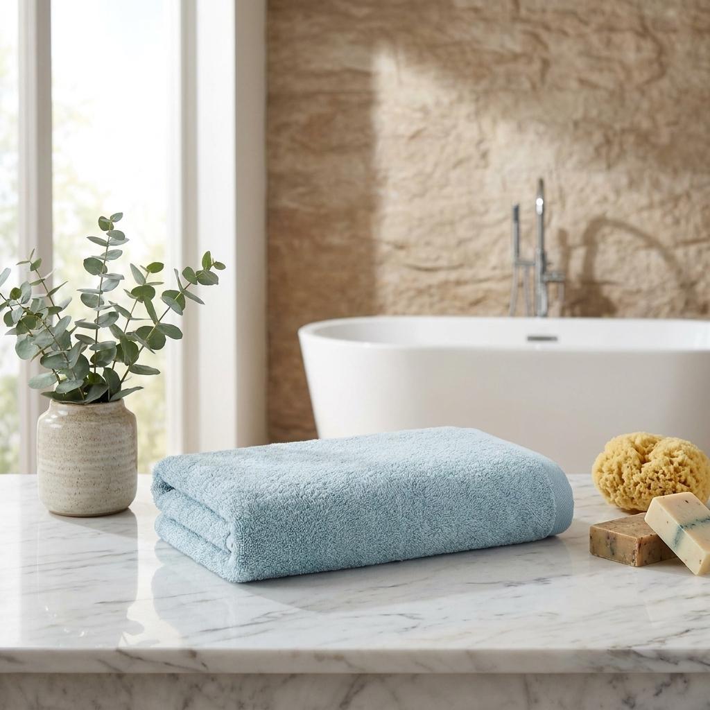 Teal bath towel rolled on a countertop