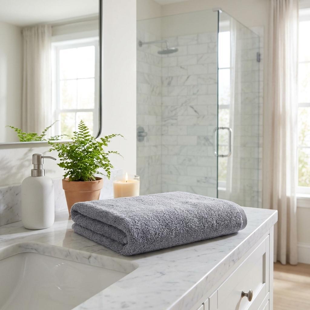 Light gray Turkish cotton bath towel, folded on bathroom countertop
