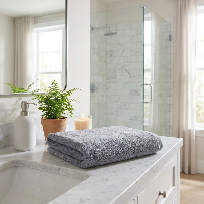 Light gray Turkish cotton bath towel, folded on bathroom countertop