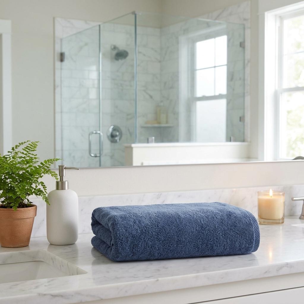 Navy Turkish cotton bath towels, 27x54 in, folded rolls on bathroom counter.