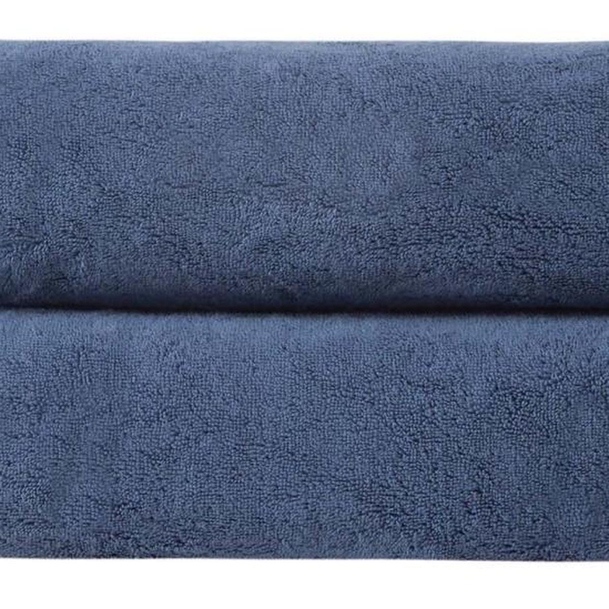 Navy Turkish cotton bath towel texture, 27x54 in, close-up.