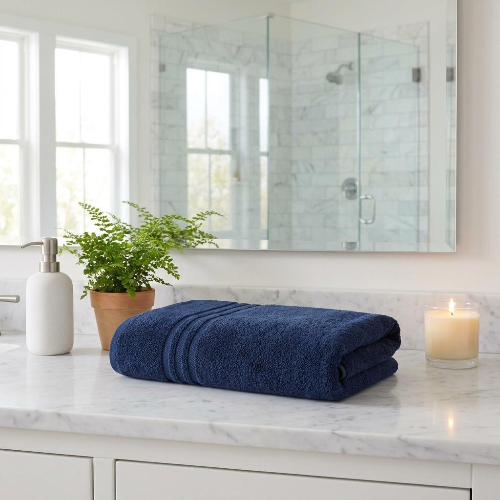 Folded navy blue bath sheet on counter, terry texture