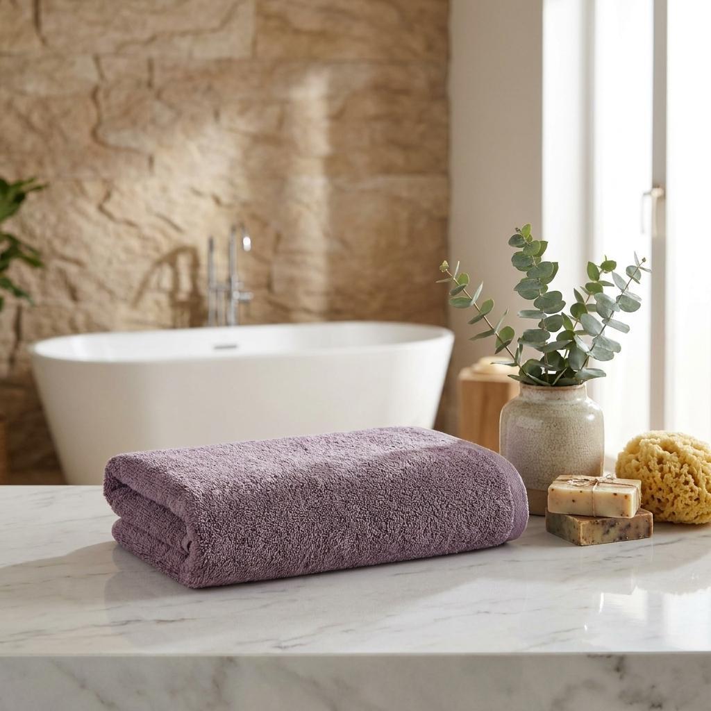Purple hand towel folded on a countertop, terry loop texture