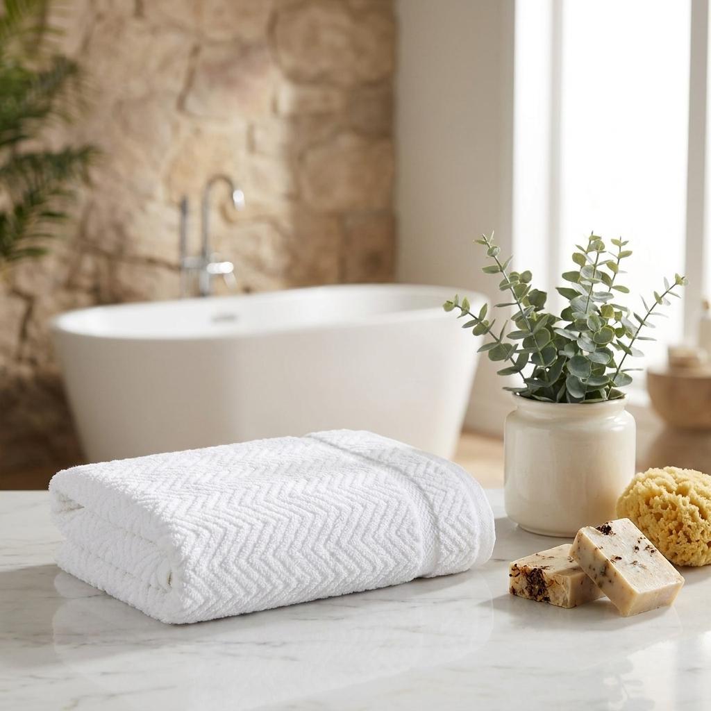 White chevron Turkish cotton hand towel set, two folded towels with textured zigzag weave