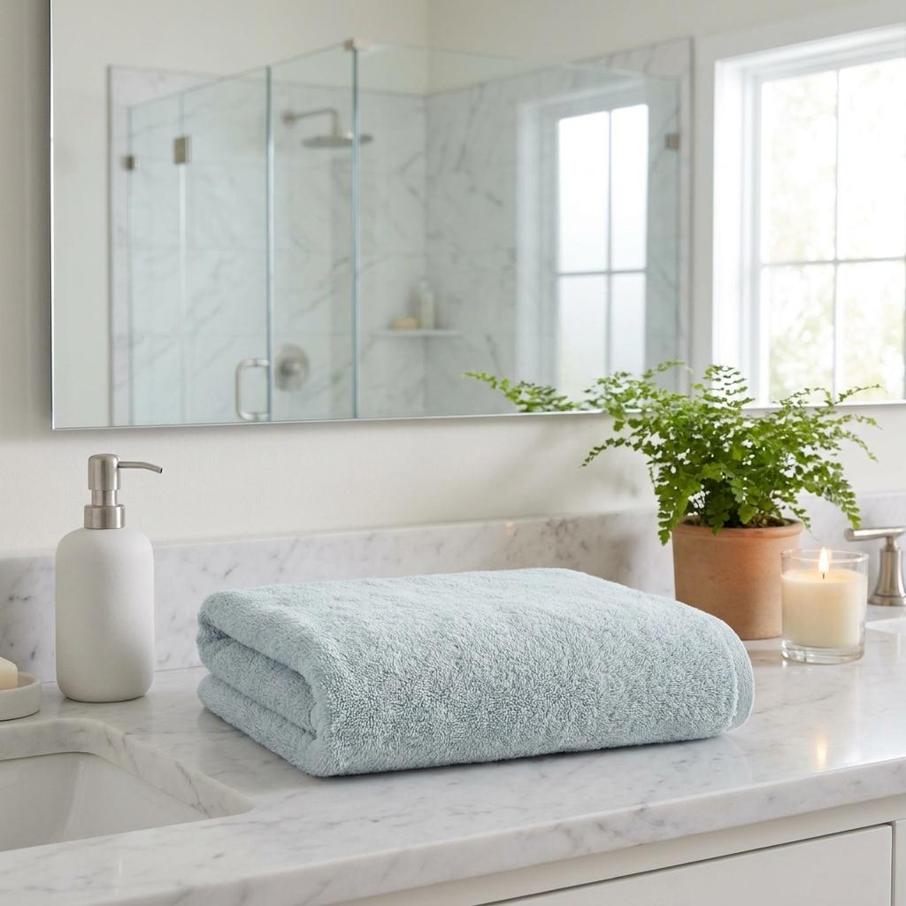 Set of two Turkish cotton hand towels, light aqua blue, folded on bathroom counter