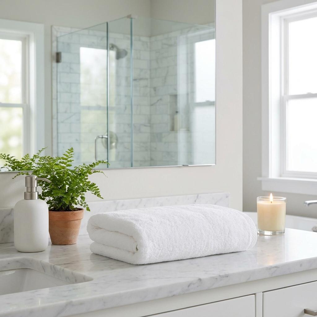 Set of two white hand towels, folded on a bathroom vanity, soft Turkish cotton feel