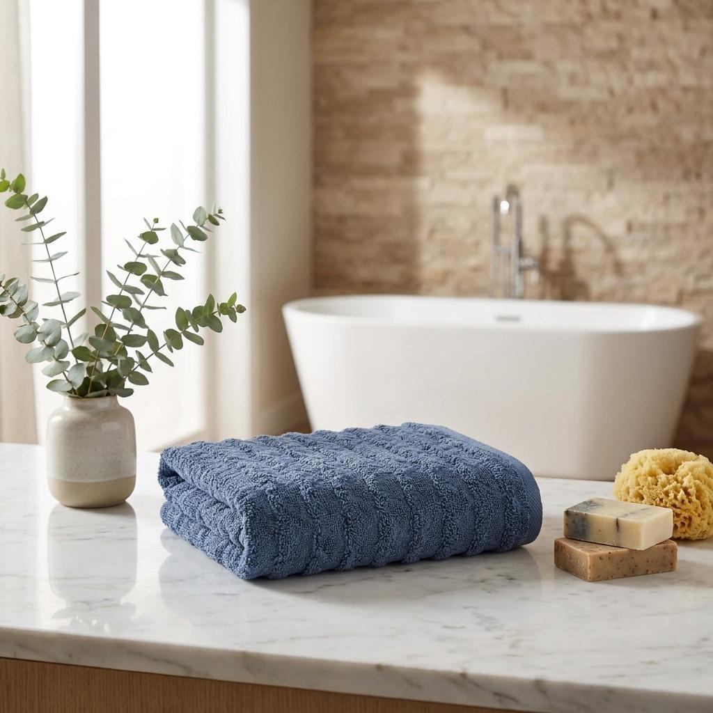 Navy geometric Turkish cotton hand towel, folded on bathroom counter
