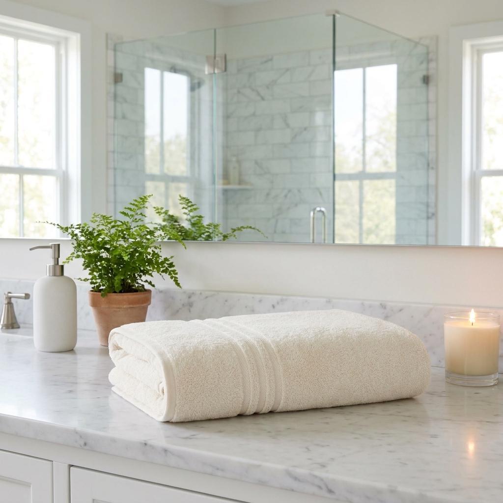 Light beige bath sheet neatly folded, plush terry texture with stitched edge