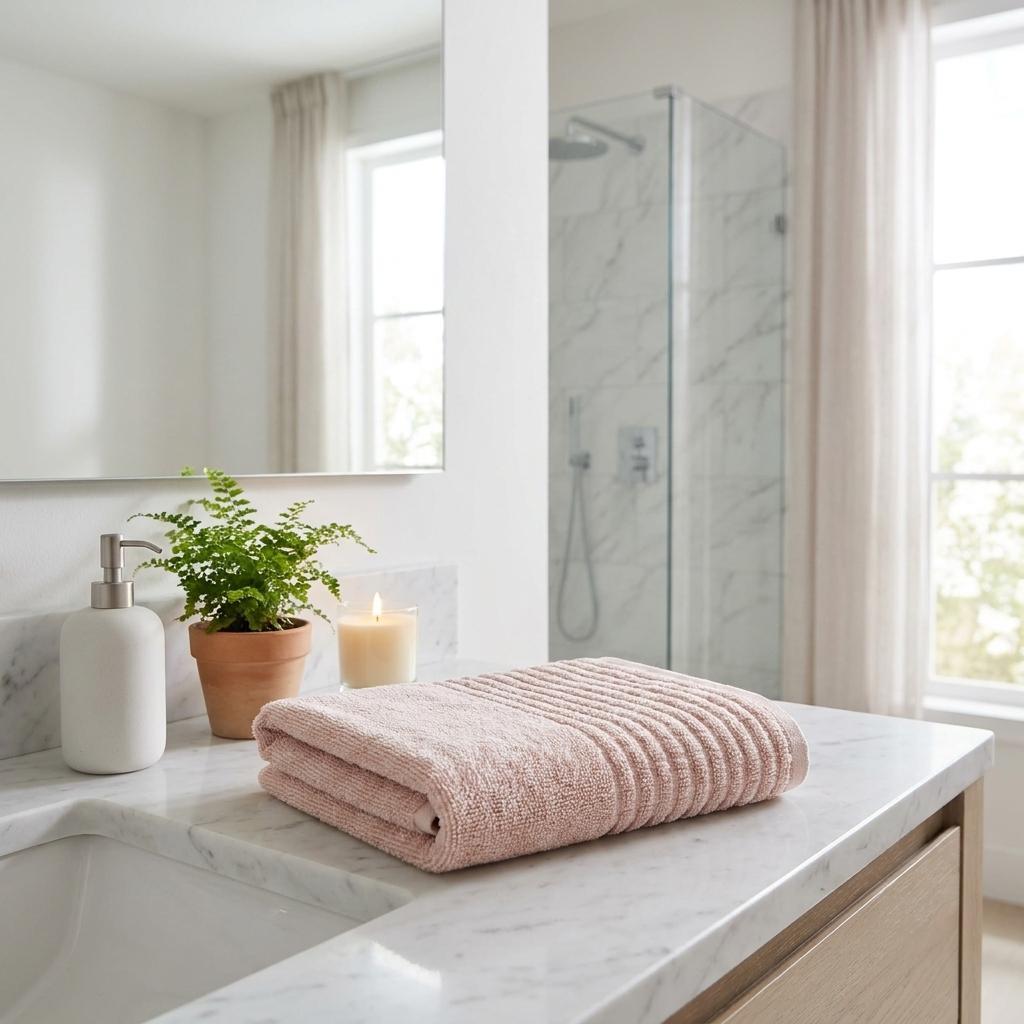 Set of two pink Turkish cotton hand towels, one folded on countertop, textured weave