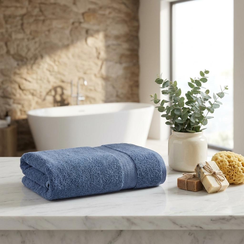 Set of two navy Turkish cotton hand towels, rolled and stacked, plush terry texture