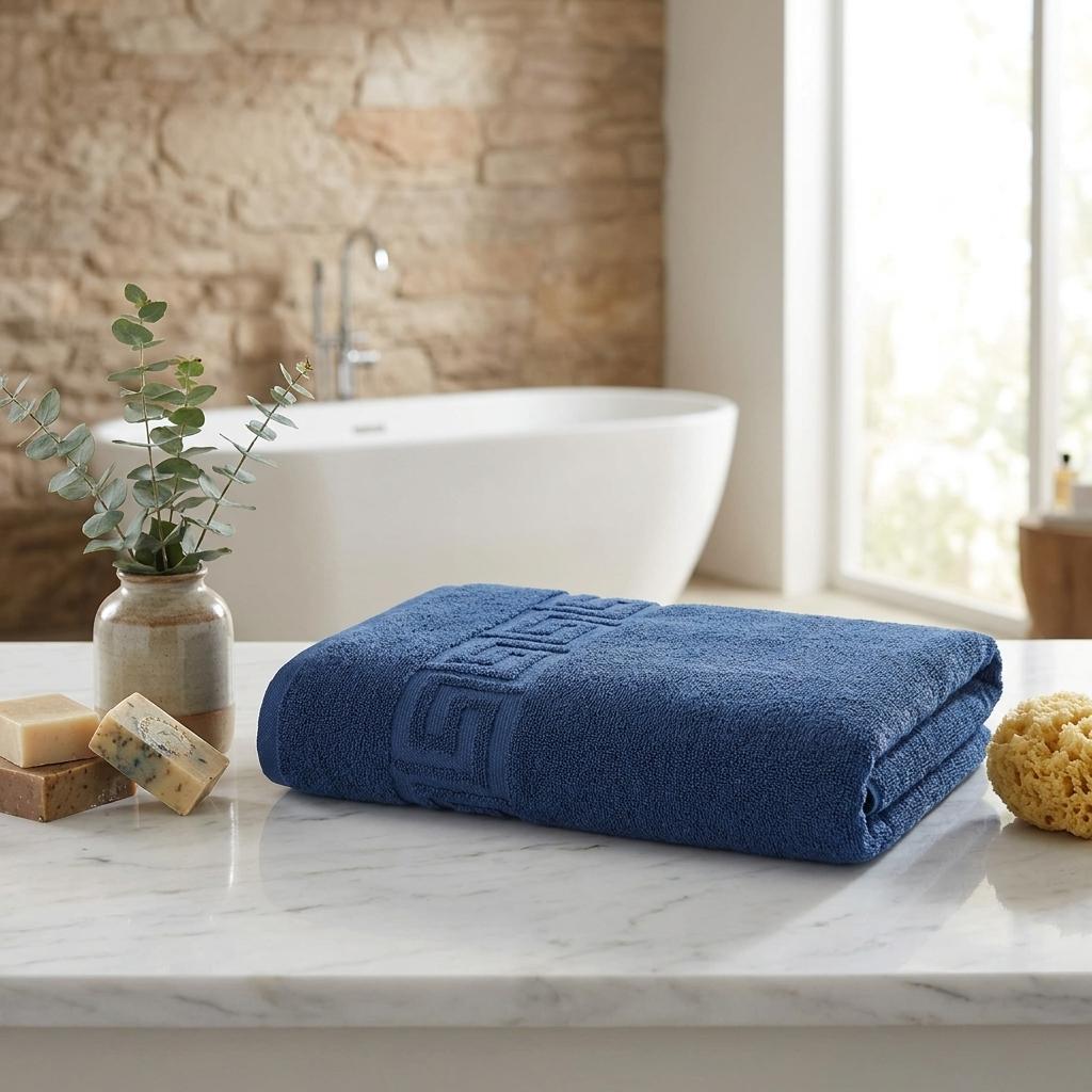 Set of two navy Turkish bath towels, rolled, Greek key border pattern