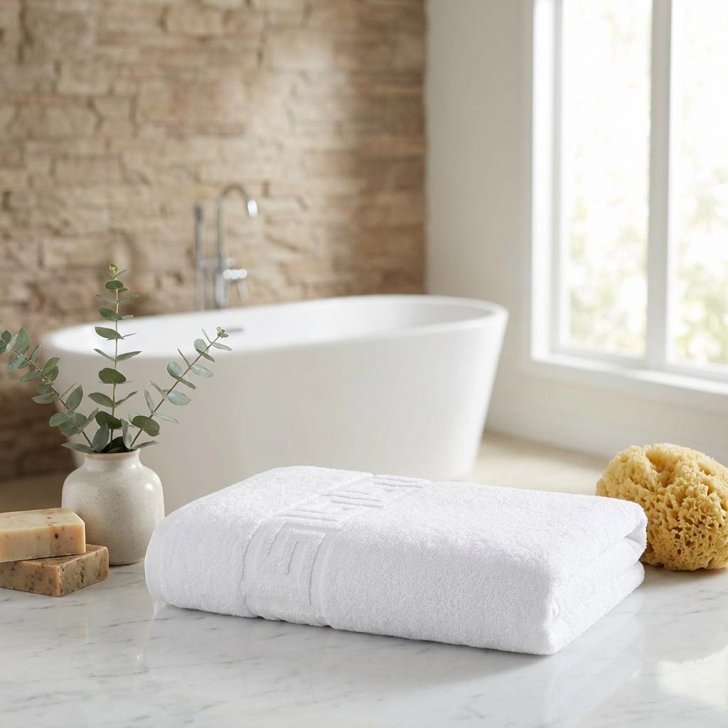 Set of three white Turkish cotton bath towels, rolled with Greek key border at ends